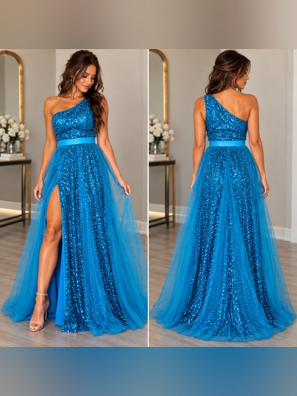 Aqua Turquoise Blue Sequin One Shoulder Formal Prom Gown Dance Homecoming 10 NWT